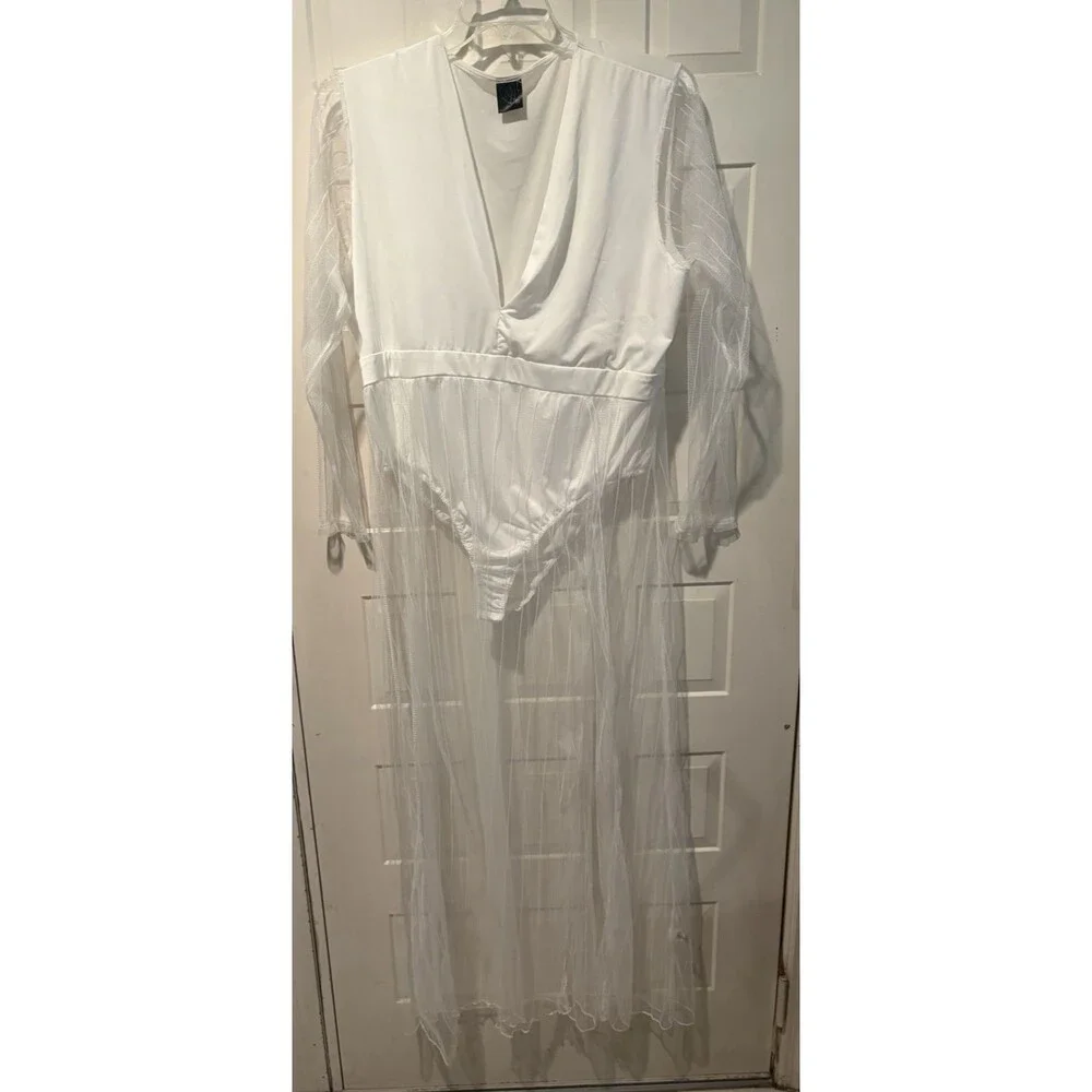 Women's White Sheer Mesh Bodysuit Maxi Dress Plus Size 3X